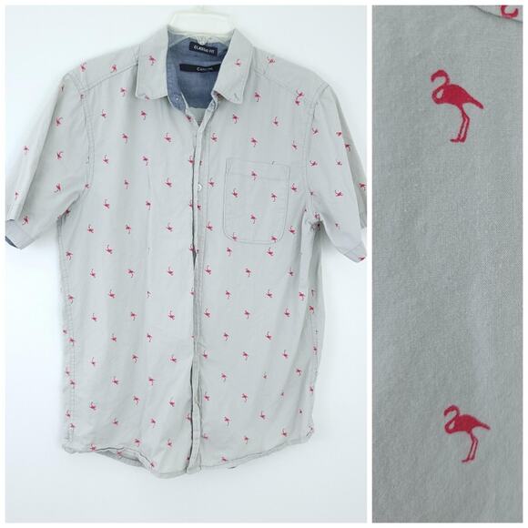 Carbon Classic Fit Novelty Print Flamingo Short Sleeve Button Down Medium Gray - Picture 1 of 7